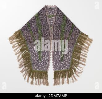 Shawl, Moyen : technique de la soie : appliqué sur le filet, foulard en taffetta vert et lavande découpé dans un motif de fleurs et de feuilles en défilement et appliqué sur le filet par couture à la machine ; bordé de vert et lavande picot et frange., France, milieu du XIXe siècle, costume et accessoires, châle Banque D'Images