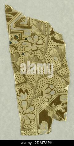 Flanc - fragment, imprimé à la machine, dans le style esthétique, motifs stylisés de plantes et de fleurs avec des divisions géométriques, imprimé en tans, bruns et gris., éventuellement USA, 1870–90, revêtements muraux, flanc - fragment Banque D'Images