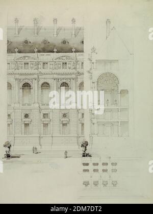 Conception pour plusieurs baies d'un bâtiment public, Graphite, pinceau et lavage gris sur le panneau d'illustration Bristol, élévation avant; élévation latérale et plan de plusieurs baies d'un bâtiment public. Quatre étages sur un podium ou une base; grandes ouvertures alternant avec de petites; toit incliné., USA, 1907, architecture, dessin Banque D'Images