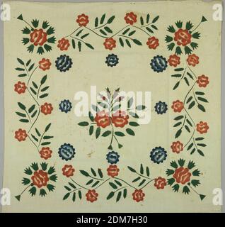 Housse d'oreiller, moyenne : coton technique : à armure toile, carré de mousseline non blanchie avec bordure florale audacieuse et branches centrales recouvertes de peintures opaques rouges, bleues et vertes. États-Unis, 19e siècle, textile imprimé, teint et peint, housse d'oreiller Banque D'Images