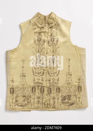 Gilet de costume, taille moyenne : façades en soie, dos en lin technique : imprimé par une plaque de cuivre gravée sur une fondation en satin 7&1, gilet de soie jaune imprimé en noir, avec un dispositif de cadrage néo-classique élaboré contenant des scènes de mythologie, de miniatures de portrait et de statues. Le médaillon de la poche gauche représente Narcisse., Paris, France, 1795, costume et accessoires, gilet de costume Banque D'Images