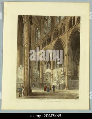 Abbaye de Westminster, de 'Ackermann's Repository', Thomas Rowlandson, britannique, 1756–1827, Augustus Charles Pugin, français, Grande-Bretagne active, ca. 1762–1832, John Bluck, British, 1791–1832, Aquaint, pinceau et aquarelle sur papier, intérieur de l'église avec de hautes arches gothiques. Tombeaux baroques et statues entre les piliers. Quelques touristes. Titre, noms des artistes et des éditeurs ci-dessous., Europe, Londres, Angleterre, 1809, Imprimer Banque D'Images