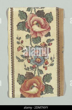 Border, Greeff Fabrics Inc., Medium: Cotton technique: Bloc et rouleau imprimé sur un tissage simple, bordure avec de grandes fleurs rouges et bleues avec des feuilles vertes sur un sol jaune pâle. Bordures de garde étroites dans les tons brun clair et brun foncé., Angleterre, 1800–1835, textiles imprimés, teints et peints, bordure Banque D'Images