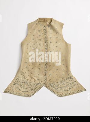 Gilet de costume, moyen: Soie technique: Broderie, gilet de costume avec guirlande fleurie brodée en bleu et blanc centrant autour des poches et en dessous. Branches fleuries largement espacées sur tout le corps., France, 1750–1800, costume et accessoires, gilet de costume Banque D'Images