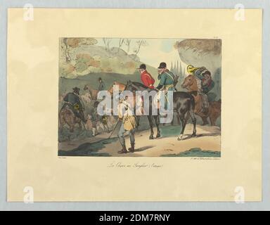 La chasse au Sauglier (l'attaque), Gihaut Frères, français, 1815 - 1871, Eugène Louis Lami, français, 1800 - 1890, Lami-Denozan, français, actif 19e c., lithographe, pinceau et aquarelle sur papier, chasse dans une vallée; les chiens se ferment ensemble, en bas à gauche. Titre et noms des artistes ci-dessous., Paris, France, ca. 1830, Imprimer Banque D'Images