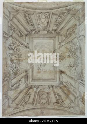 Projet pour un plafond peint, Cesare Sermei, italien, vers 1590? - 1668, Graphite, stylo et encre, pinceau et aquarelle sur papier, rectangle horizontal. Des colonnes intégrées soutiennent l'entablature oblongue, encadrant la vue dans le ciel, là un génie féminin et deux putti, soutenant ensemble une tige de fleur, sont visibles. Au milieu des côtés courts, on a une vue sur les salles voûtées, avec trois putti, des instruments de chant ou de jeu sont assis au premier plan. Au milieu des longs côtés sont des nuages, rendant également invisible l'entablature avec des groupes avec la même occupation. Banque D'Images