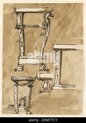 Tables, Giuseppe Barberi, italien, 1746–1809, stylo et encre brune, brosse et lavage brun sur papier blanc cassé, doublé, au-dessus, à gauche, conception pour une table de console ronde avec des suggestions alternatives, soutenues par des pieds de lion qui sont reliés par une sorte de panneau angulaire au-dessus d'une moulure de connexion. Le support à droite est formé par des feuilles et des rouleaux ainsi que par le cou et la tête d'un aigle. Ci-dessous: Une table de console est soutenue par deux piliers obliques avec des pieds de lion, les capitales étant reliées par un festion. Au-dessus des pieds se trouve une base de raccordement, sur laquelle repose un pied avec une figure. Banque D'Images