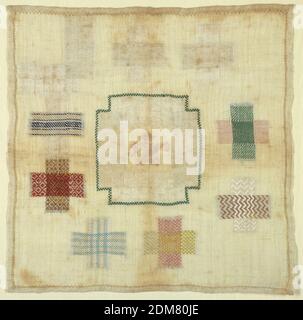 Sampler Danning, Moyen : broderie de soie sur fondation en coton technique : broderie en courant et points de croix sur fondation à tissage simple ; ourdi avec suréchantillonnage sur le travail d'élément retiré, huit croix danning, patch central « défoncé » et deux coupes rectangulaires mentionnées., 1843, broderie et couture, sampler danning Banque D'Images