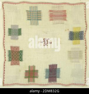 Sampler de dard, Moyen: Broderie de soie sur la fondation de coton technique: Brodés en courant, satin, et points de croix sur la fondation de tissage simple, dix carrés de motif de dard et deux larmes fourrées. Encart carré au milieu avec initiales et date., Scandinavie, 1825, broderie et couture, sampler de couleur foncée Banque D'Images