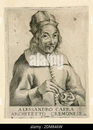 Portrait d'Allesandro Capra, CABINE monogrammaticienne, gravure sur papier, portrait en demi-longueur en vue de trois quarts vers la droite. L'architecte souriant porte un chapeau rond et un manteau avec un grand col carré. Il tient dans ses diviseurs de droite; dans sa gauche, une sphère., Italie, ca. 1680, Imprimer Banque D'Images