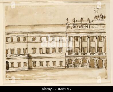 Élévation d'un palais, Giuseppe Barberi, italien, 1746–1809, stylo et encre brune, pinceau et lavage brun sur papier blanc cassé doublé, UNE variation de la conception comme -1117, un peu moins est montré. Principales différences : la rusticité est confinée au rez-de-chaussée de la section centrale, qui est une colonnade. Le rez-de-chaussée de la section latérale projette et est surmonté d'une balustrade, derrière laquelle se trouvent des portes., Rome, Italie, 1790-1800, architecture, dessin Banque D'Images