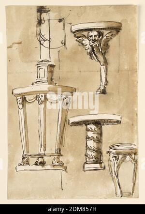 Tables, Giuseppe Barberi, italien, 1746–1809, stylo et encre brune, pinceau et savon brun sur papier blanc cassé, doublé, trois piliers, à gauche, avec les pieds du lion, debout sur une base, soutiennent le sommet. Ils ont des masques au lieu des capitales, reliés ci-dessous par des moulures, au-dessus par des festons. Surmontée d'une colonne avec un haut piédestal. Elle est partiellement dépassée par le plan d'une table de console pour un coin. Ci-dessus, à droite: Concevoir une table de console pour un coin supporté par une chimère ailé. Ci-dessous, au centre, se trouve un dessin pour une table ronde, soutenue par une colonne, avec une guirlande autour. Banque D'Images