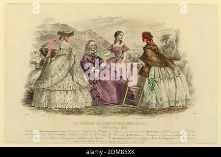 Assiette mode du Journal des dames et demoiselles, Jules David, français, 1808 - 1892, Lamoureux & J. de Beauvais, français, actif 19e c., A. Bodin, français, actif 19e c., gravure en couleur main sur papier, assiette mode du Journal des dames et demoiselles., Paris, France, ca. 1857, Imprimer Banque D'Images