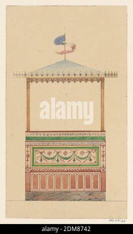 Orchidées du grand carré des champs-élysées (1838)', Félix-Jacques Duban, français, 1798 - 1870, pinceau et stylo et aquarelle, graphite support : papier clair brun clair monté sur papier blanc cassé, conception pour pavillon en plein air avec toit triangulaire bleu, bordé d'une bordure triangulaire rose et bleue. Le toit est surmonté d'un mât rouge, dont une bannière bleue, blanche et rouge est suspendue. Le toit est supporté par deux colonnes minces avec des bandes rouges. Le mur inférieur du pavillon est divisé en plusieurs bandes de décoration. La partie supérieure est constituée de deux rangées de décorations ondulées bleues Banque D'Images