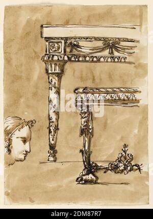 Dessins pour deux tables de console, avec une tête femelle, Giuseppe Barberi, italien, 1746–1809, stylo et encre brune, pinceau et lavage brun sur papier blanc cassé, doublé, de gauche à droite. La tête vue en profil, tournée vers la droite. Le côté gauche d'une table. La jambe est un poteau rond de diamètre croissant provenant d'un calice, enchâssé par une guirlande, avec un capital cannelé. Cadre et haut forment une entablature, avec des festons drapery dans la frise. Le côté gauche d'une table. La jambe est une gaine avec une tête de satyr et une draperie, avec une tortue comme pied. Les jambes sont reliées ci-dessous avec un motif central Banque D'Images