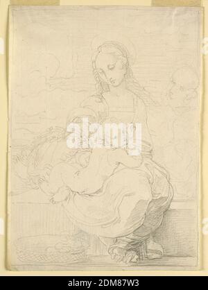 La Sainte famille, Fortunato Duranti, Italien, 1787 - 1863, Graphite sur papier, la Vierge est assise sur une dado, l'enfant assis à côté d'elle, à gauche, et s'appuyant sur sa jambe droite. La Vierge, dans la tenue d'environ 1500, tient des branches dans sa main droite. Ci-dessous, à gauche, se trouve un panier de fruits. Joseph est assis à droite, au milieu du sol. Arrière-plan paysage. Lignes de cadrage. Certaines parties de Outline sont profondément impressionnées., Rome, Italie, 1820–1850, dessin Banque D'Images