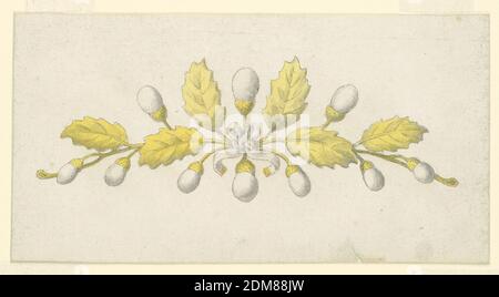 Design pour un Coronet, stylo et encre marron, pinceau et jaune, lavage gris, graphite sur papier vélin blanc, rectangle horizontal. Conception d'une petite couronne ou tiara destinée à être exécutée en métal doré et en diamants. Deux branches de chêne d'hiver avec des feuilles et des glands, avec un petit nœud blanc au centre., Italie, milieu du XIXe siècle, bijoux, dessin Banque D'Images