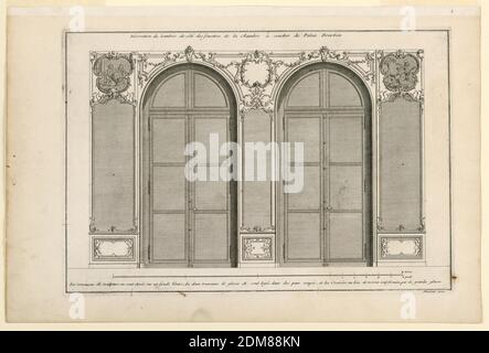 Décoration de la chambre au Palais Bourbon, Jacques Gabriel, 1667–1742, Jean Aubert, 1680–1741, Jean Mariette, 1660–1742, Etching sur papier, vue d'une section de mur avec deux fenêtres. Les trois panneaux, tous avec rétroviseurs. Au-dessus de deux d'entre eux, peintures dans des cadres composés de rouleaux. Le centre sans peinture. Panneaux sous les miroirs décorés avec un petit motif de voluptons. Inscrit sur la marge supérieure: 'Décoration du Lambris du coté des fenetres de la chambre à coucher du Palais Bourbon'; marge inférieure: 'Les ornemens […] grandes glaces; en bas à droite: 'Mariette Excu.', France, ca. 1727, Imprimer Banque D'Images