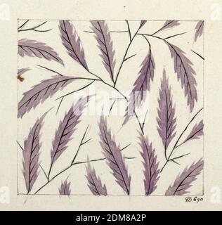 Motif floral pour les textiles imprimés, Louis-Albert DuBois, Suisse, 1752–1818, pinceau et gouache, graphite sur papier vélin blanc, motif feuilles pourpre, branches noires sur sol blanc., France, 1800–1818, dessins textiles, dessin Banque D'Images