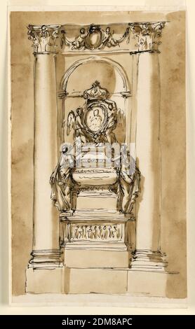 Stuart Monument, Giuseppe Barberi, italien, 1746–1809, encre stylo et brune, pinceau et lavage brun sur papier blanc cassé doublé, destiné à une intercolumniation entre deux colonnes intégrées, et dans une niche. Entre les capitales se trouve une frise avec une escutcheon soutenue par deux putti volants, devant des festons de drapery. Ci-dessous se trouve un stéréobate. Le monument a en dessous d'un piédestal avec une base haute, et un panneau avec un relief de figures. Au-dessus, il y a deux allégories féminines, penchées contre le sarcophage, qui a la forme générale d'une urne sur une base élevée. Banque D'Images