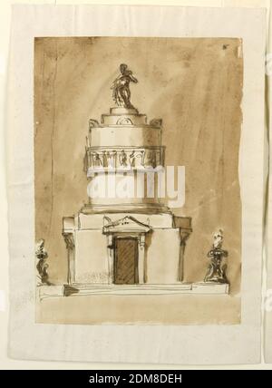 Design pour un monument sépulchral du roi Louix XVI de France, Giuseppe Barberi, italien, 1746–1809, stylo et encre brune, pinceau et lavage brun sur papier blanc cassé doublé, UNE variation de 1938-88-1337. Les murs n'ont pas d'entablature, et la largeur des frontons n'est qu'un trifle plus grand que celui des cadres de porte. Ils sont pris en charge par deux consoles et ont de l'acrotérie au-dessus de leurs coins inférieurs (ces détails sont dessinés uniquement à l'avant). Dans la bande autour de la colonne est une frise avec une rangée de figures. Le motif sur le dessus est semblable à 1938-88-1303., Rome, Italie, ca. 1795, architecture Banque D'Images