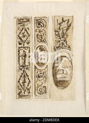 Design pour les décorations de bandes de pilaster, Giuseppe Barberi, italien, 1746–1809, stylo et encre brune, pinceau et lavage brun sur papier blanc cassé doublé, rangée gauche : un filet de candélabrum montant d'une base entre deux oiseaux. Au centre se trouve un cadre oblong vertical avec une statue; en haut se trouve un cadre oblong horizontal. Dans les intervalles sont deux lozenges. Dans la partie supérieure est un oiseau sur une corde. Rangée centrale: Au centre est un ovoïde avec un paysage, encadré par des moulures. Au-dessus et au-dessous se trouvent les oblongs de recul avec les bords convexes au-dessous et au-dessus, respectivement. Elles sont décorées avec des reneaux acanthus Banque D'Images