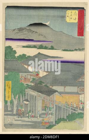 Fuchu: Le deuxième bloc du quartier Miroku près de la rivière Abe, no 20 de la série Collection d'illustrations de lieux célèbres près des cinquante-trois stations [le long des Tokaido], Ando Hiroshige, japonais, 1797–1858, impression de blocs de bois à l'encre colorée sur papier, UNE scène nocturne de villageois aux couleurs vives contraste les toits noirs. Situé à l'avant-garde, est un homme à cheval accueilli par deux femmes bien vêtues. Hiroshige illumine les angles géométriques avec des scènes de l'intérieur des restaurants. Au-delà du village se trouve une montagne avec un croissant de lune montant derrière. Banque D'Images