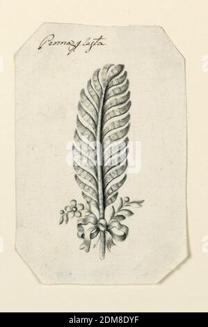 Design pour une coiffure de plumes, stylo et encre noire, brosse et sépia laver sur papier, bijoux design pour une coiffure sous forme de plumes. Ci-dessous à gauche, une tige avec une fleur, une perle, des feuilles; à droite une tige avec une perle et des feuilles, attachée à une longue plume par un ruban noué. Coins biseautés., Italie, fin du XVIIIe siècle, bijoux, dessin Banque D'Images