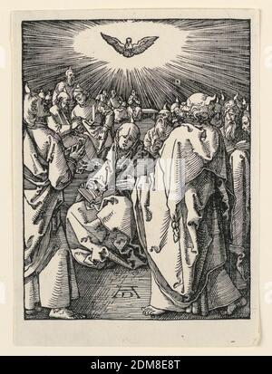 La descente de l'Esprit Saint (la Pentecôte), de la série de la petite passion, Albrecht Dürer, allemand, 1471–1528, Woodcut sur papier, la Vierge est assise près du premier plan du centre, un livre ouvert sur ses genoux. Les disciples sont assis et debout à son sujet, observant l'Esprit Saint sous la forme d'une colombe, comme il apparaît dans un rayon de lumière au-dessus de la Vierge. Monogramme de Dürer, près du centre gauche., Allemagne, ca. 1509–1511, Imprimer Banque D'Images