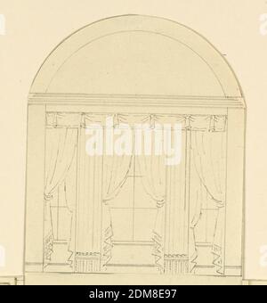 Window Wall Elevation, Frederick Crace, anglais, 1779–1859, stylo et encre grise sur papier vélin, rectangle vertical. Mur avec trois fenêtres avec fenêtre vitrée divisée par deux pilastres. Partie supérieure incurvée, 1815–22, intérieurs, dessin Banque D'Images