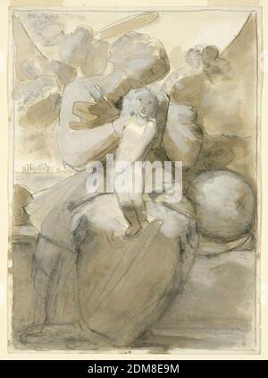 La Vierge à l'enfant, Fortunato Duranti, italien, 1787 - 1863, aquarelle au pinceau et marron, accentuation blanche sur le papier; aquarelle au pinceau et brune sur le papier, la Vierge est assise sur une banque à l'air libre. L'enfant se tient sur ses genoux. Elle met sa main sur sa tête qu'elle entend embrasser. A côté d'elle, à droite, se trouve le globe. Derrière sa tête se trouve un grand demi-cercle léger, apparemment le soleil. Les chérubins sont dans les nuages et à gauche; en partie dans l'hémi-cercle est un groupe de figure mâle apparemment assise et un enfant. Verso: Autre côté: Avec peu de variations la même composition Banque D'Images