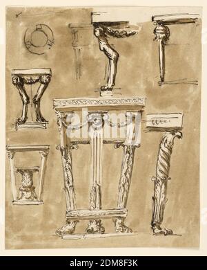 Tables, Giuseppe Barberi, italien, 1746–1809, stylo et encre brune, brosse et lavage brun sur papier blanc cassé, ligne gauche: Plan d'une table ronde, dessins pour deux tables de console. La partie supérieure soutenue par deux chimères sans aile, reliées ci-dessus par un feston et debout en profil sur une base. La plus basse est soutenue par deux colonnes obliques tournées vers l'extérieur sur une base, ion qui se tient à l'intérieur d'une plante d'acanthus, probablement contenant un bol. Ligne centrale : au-dessus d'une esquisse d'une table de console partiellement surdessinée par le projet du côté gauche d'une table de console, comme celui en haut à gauche. Banque D'Images