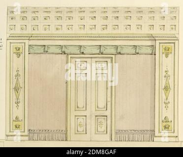 Mur Elevation, Frederick Crace, anglais, 1779–1859, Graphite, stylo et vert, encre noire, pinceau et violet, vert, aquarelles jaunes sur papier vélin, rectangle horizontal. Élévation du mur avec porte centrale, cantonnière au-dessus, plafond à cercueil indiqué en haut., 1815–22, intérieurs, dessin Banque D'Images