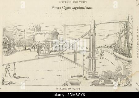 Plave LVI de Theatrum instrumentorum et machinarum, Julio Paschale, Woodcut sur papier, Machien pour soulever un navire hors de l'eau, droit, sur un mur. Un châssis, une grue et un tuyau; des grappins sur le mât du navire, un homme, ont quitté le contrôle de celui-ci. Châteaux, au-delà, aussi une ville. Description en latin sur verso du 1949-152-253., Lyon, France, 1582, imprimé Banque D'Images