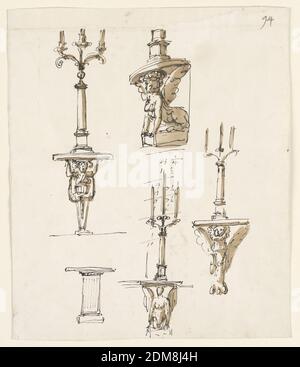 Dessins pour cinq tables de console, trois avec chandeliers, probablement pour les salles dans le Palazzo Altieri, Rome, Giuseppe Barberi, Italien, 1746–1809, stylo et encre marron, brosse et lavage brun sur papier blanc cassé, doublé, au-dessus du haut de la table est soutenu par la tête et les mains d'une gaine, au-dessus est un chandelier composé d'une colonne monumentale, avec une sphère sur le dessus, à partir de laquelle trois branches montent. Ci-dessous : une colonne soutient la rangée centrale supérieure ; ci-dessus : un sphynx soutient le haut ; le piédestal du bougeoir est illustré. Affiché dans le coin gauche. Banque D'Images