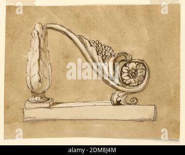 Partie inférieure de la rambarde d'escalier, Giuseppe Barberi, italien, 1746–1809, stylo et encre brune, pinceau et lavage brun sur papier blanc cassé, ci-dessous se trouve un vase. Du calice à gauche émerge un défilement, avec la spirale ci-dessous, à droite. Un raisin de perles est à côté, une fleur en elle. Fond coloré., Rome, Italie, ca. 1780, mobilier, dessin Banque D'Images