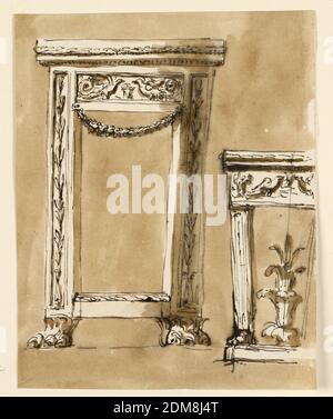 Tables de console, Giuseppe Barberi, italien, 1746–1809, stylo et encre brune, brosse et lavage brun sur papier blanc cassé, à gauche: Comme -2058, avec de légères variations de la décoration. À droite : un côté gauche. Soutenu par un pilier avec un pied de lion sur une base. L'avant du cadre et le dessus sont une entablature, avec le même motif d'oiseau dans la frise. Du centre de la base se dresse une plante d'acanthus. Contexte habituel., Rome, Italie, ca. 1795, mobilier, dessin Banque D'Images