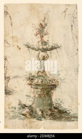 Design pour une fontaine, un stylo et une encre brune, un pinceau et un lavage bleu sur papier blanc cassé ; verso : crayon rouge, rectangle vertical. Un bassin est soutenu par un piédestal rond, qui s'élève d'entre les pierres. Dans elle tient un enfant, portant sur la tête et avec les mains une coquille. L'eau y coule, et coule des masques à l'arbre du piédestal. Dans le coin supérieur droit se trouve une partie de l'esquisse d'un enfant. Verso: Croquis d'un enfant volant portant un objet., Bologne, Italie, milieu du XVIIe siècle, sculpture, dessin Banque D'Images