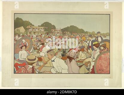 Henley Race Day, John Hassall, British, 1868 - 1948, Henry graves, British, 1806 - 1892, Chromolithograph sur papier, monté, une rive de la Tamise à Henley, avec de nombreux bateaux et pavillons bondés. Les figures, les bateaux, les arbres, etc. Sont tous indiqués en noir. Nom de l'artiste, en bas à droite, et en bas en graphite. Nom de l'éditeur et date ci-dessus., Londres, Angleterre, Paris, France, 1901, chromolithographe, chromolithographe Banque D'Images