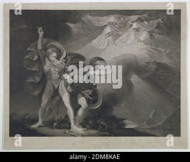 Les trois sorcières apparaissant à Macbeth, John Trotter, britannique, actif 1756 - 1792, Henry Fuseli, suisse, 1741 - 1825, gravure sur papier, scène de Shakespeare Macbeth, Acte I, scène 5. Les trois Furies apparaissent dans le ciel à Macbeth et Banquo dans un paysage ouvert., Londres, Angleterre, 1790, Print Banque D'Images