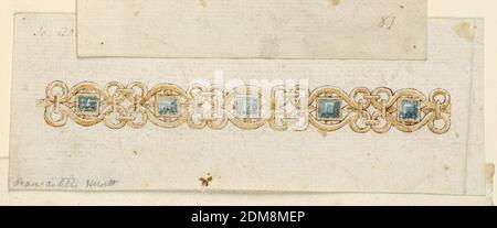 Design pour bracelet, stylo et encre, pinceau et aquarelle sur papier, cinq unités répétées. Au centre de chacun, un diamant carré bleu. Le cadre défile forme des ovales pointés., Italie, 1800–1825, bijoux, dessin Banque D'Images