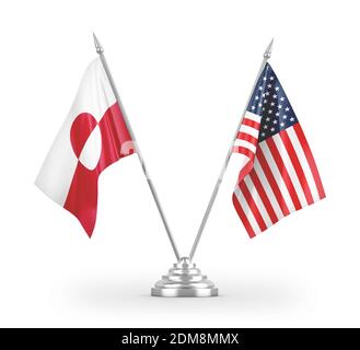 Drapeaux de table des États-Unis et du Groenland isolés sur la 3D blanche rendu Banque D'Images