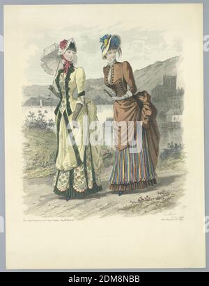 Fashion plate, E. Gailland, français, actif 19e c., Jules David, français, 1808 - 1892, Abel Goubaud et fils, français, actif 19e c., gravure, pinceau et aquarelle sur papier, deux femmes sur un chemin surplombant un lac et un château. L'un dans une robe jaune, l'autre dans le marron. Nom et date des artistes et de l'éditeur ci-dessous. Description sur verso., Angleterre, 1883, Imprimer Banque D'Images