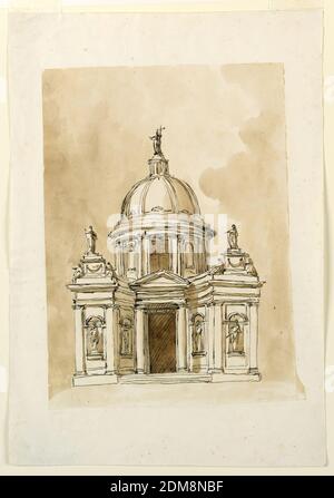 Élévation d'une église, Giuseppe Barberi, italien, 1746–1809, stylo et encre brune, brosse et lavage brun sur papier blanc cassé doublé, Rome, Italie, 1746-1809, architecture, dessin Banque D'Images