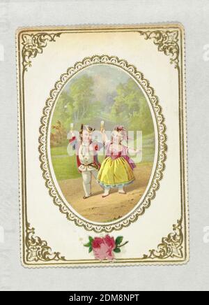 Valentin salutation, Chromolithographe sur papier gaufré, dans un cadre ovale, deux enfants, dans la robe du XVIIIe siècle, sont vus jouer dans un paysage., États-Unis, ca. 1825, carte de vœux, carte de vœux Banque D'Images