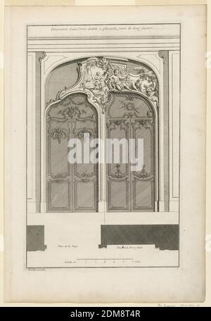 Assiette 4, 'Décoration d'une Portal double à placards varie de deux façades', Jacques-François Blondel, Français, 1705 - 1774, Jean Mariette, 1660–1742, gravure sur papier, deux portes doubles dans un cadre de joint avec un sommet incurvé. Les deux portes sont décorées avec des sculptures différentes. Porte-à-porte commune avec d'autres suggestions de peintures représentant le putti. Enfermé dans un cadre en pediment. Ci-dessous, dessin du profil. Inscrit le long de la marge supérieure, titre; en bas à gauche: 'Mariette excudit'; en bas à droite: '4'., France, ca. 1727, Imprimer Banque D'Images