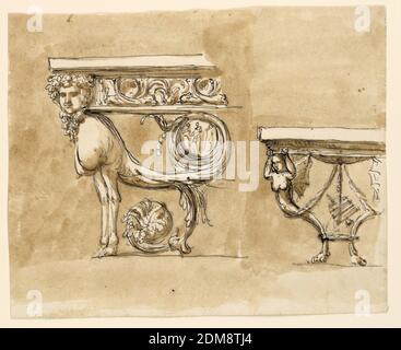 Deux modèles pour tables de console, Giuseppe Barberi, italien, 1746–1809, stylo et encre marron, pinceau et lavage brun sur papier blanc cassé, doublé, deux côtés gauches. À gauche : le support est une sirène avec une queue formant un cercle sous le centre du châssis, avec la représentation de trois figures à l'intérieur. Un défilement vers le bas. Le cadre est soutenu par l'épaule, le haut par la tête. À droite des chimères avec les bustes des femmes avec des ailes de papillon et des bras levés sont les supports. En dessous, ils sont reliés par une couronne. Sous le cadre se trouve un calice ou une coque Banque D'Images