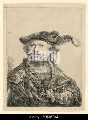 Autoportrait dans une casquette de velours avec Plume, Rembrandt Harmensz van Rijn, néerlandais, 1606–1669, Etching sur papier couché, demi-portrait de l'artiste, tourné vers la droite, la tête face au spectateur, plein visage. Il porte une casquette de velours avec un panache, et un costume élaboré. Son bras gauche est visible., pays-Bas, 1638, Imprimer Banque D'Images