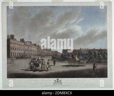 Vue de Grosvenor Square, Robert Pollard, Anglais, 1755 - 1838, Robert Dodd, Anglais, 1748 - 1815, Edward Dayes, Anglais, 1763 - 1804, Robert Pollard, Anglais, 1755 - 1838, gravure et aquatint sur papier, rue incurvée; une femme dans une calèche, à droite, devant un parc. Personnes avec instruments, centre, dans la rue. Titre, noms des artistes et des éditeurs, date et dédicace, ci-dessous., Londres, Angleterre, Paris, France, 1789, Imprimer Banque D'Images