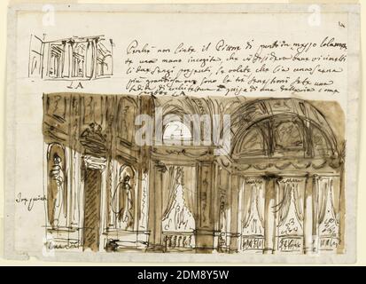 Scène de conception pour l'intérieur d'un palais de style classique, Giuseppe Barberi, italien, 1746–1809, stylo et encre brune, brosse et lavage brun sur papier blanc cassé doublé, éventuellement une salle publique pour teatro versaco. Hall de style classique s'ouvrant vers le jardin avec une et trois fenêtres, esquisse avec légère modification sur le côté., Italie, 1778, théâtre, dessin Banque D'Images